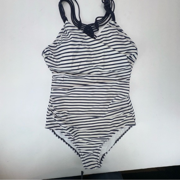 Kona Sol Shirred Macrema One Piece Swimsuit Navy White Size M - Picture 5 of 10